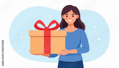 Smiling woman holding a gift box with a red ribbon.