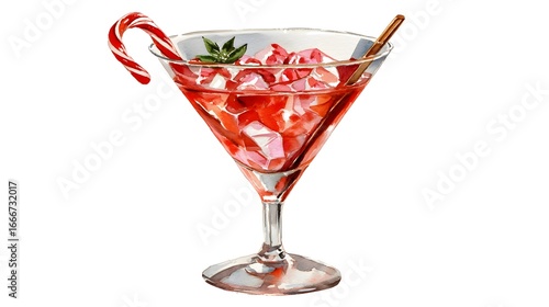 Festive Red Christmas Martini Cocktail with Candy Cane Watercolor Splash