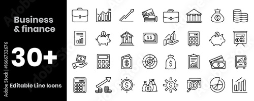 Business and Finance icon set. Containing briefcase, bar chart, handshake, calculator, piggy bank, money bag, presentation board, coins, dollar sign, credit card, bank building, growth arrow, invest