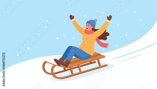 Joyful woman sledding down a snowy hill, arms raised in exhilaration, winter fun.