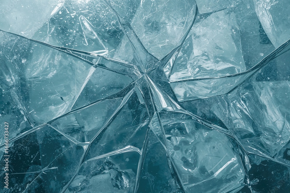 Obraz premium Shattered ice pattern with frosty dust on a teal scratched surface