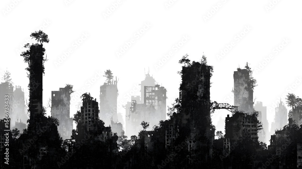 Fototapeta premium Post-Apocalyptic City Ruins with White Skyline - Urban Destruction Concept
