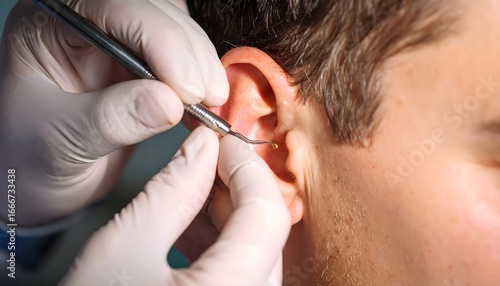 Close-Up of Earwax Removal Procedure on Man with Gloved Hands and Medical Tool
