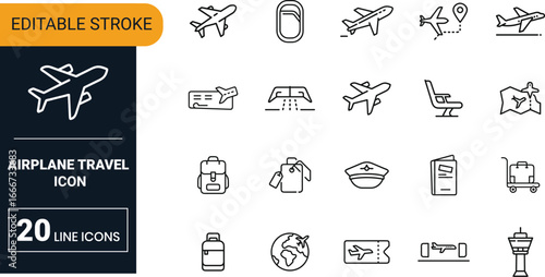 Airplane travel vector icon set collection with aviation, passenger flight, vacation trip, tourism journey editable outline