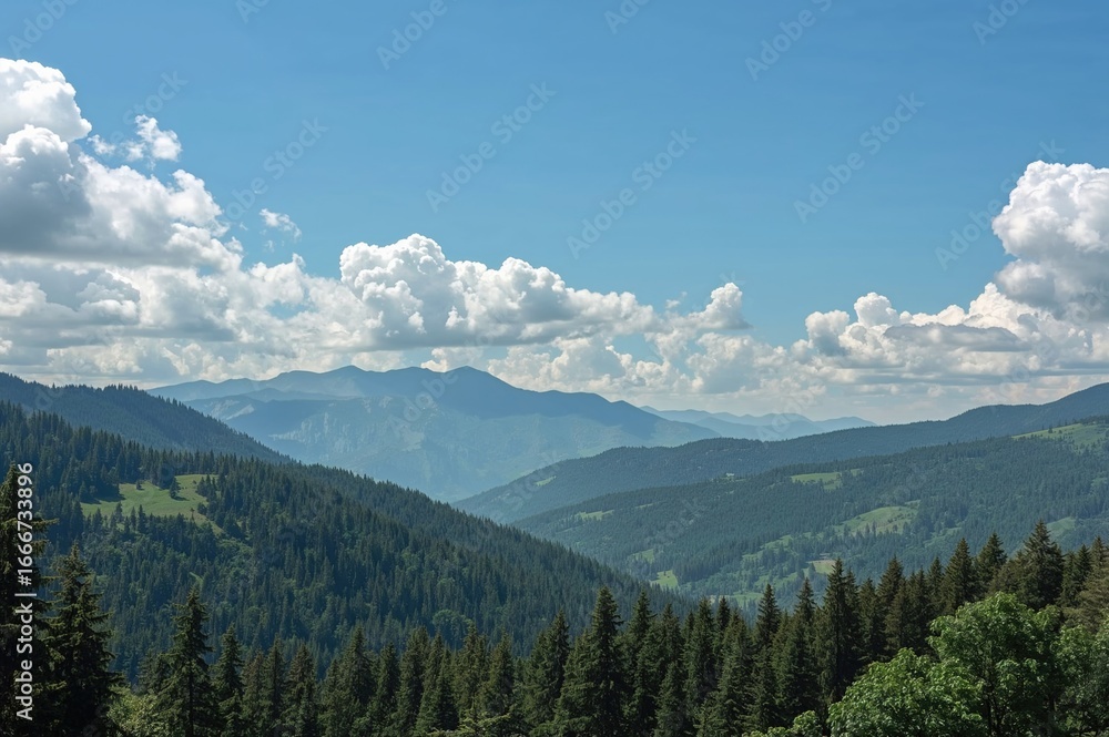 Fototapeta premium A landscape featuring a clear sky above grassy hills, dense woods, and scattered clouds