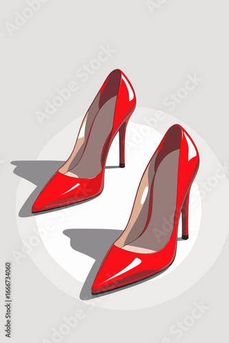 Red high heel shoes in glossy finish on gray background  