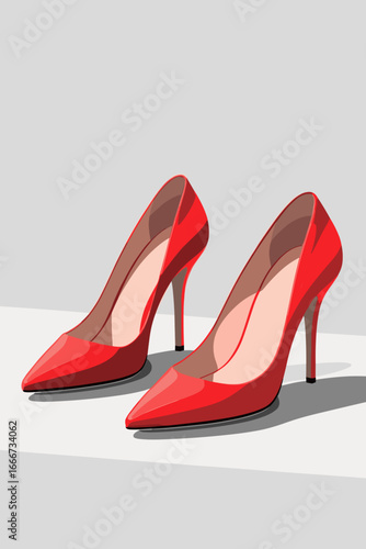 Red high-heeled shoes stand on the floor against a gray background in a minimalist style  