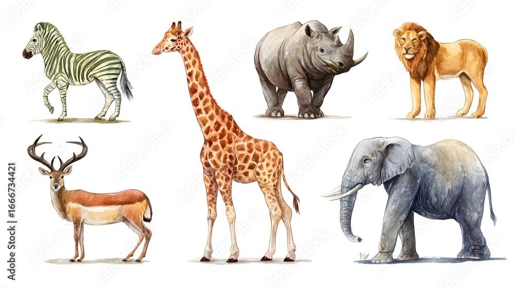 Naklejka premium Vibrant Set of African Animals on White Background for Creative Designs