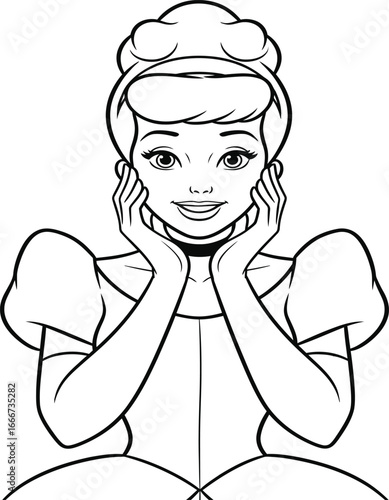 A charming black and white line drawing of a cartoon princess, featuring a classic updo hairstyle with a headband, large expressive eyes, and a gentle smile. She wears a gown with puffed sleeves and h