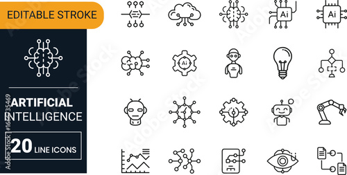 Artificial intelligence vector icon set collection with ai brain, neural network, machine learning, automation, digital tech