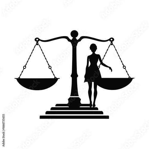 Lady and the Balance: Black Silhouette of Woman Beside Symmetrical Justice Scale on Tiered Base Symbol of Fairness and Equality