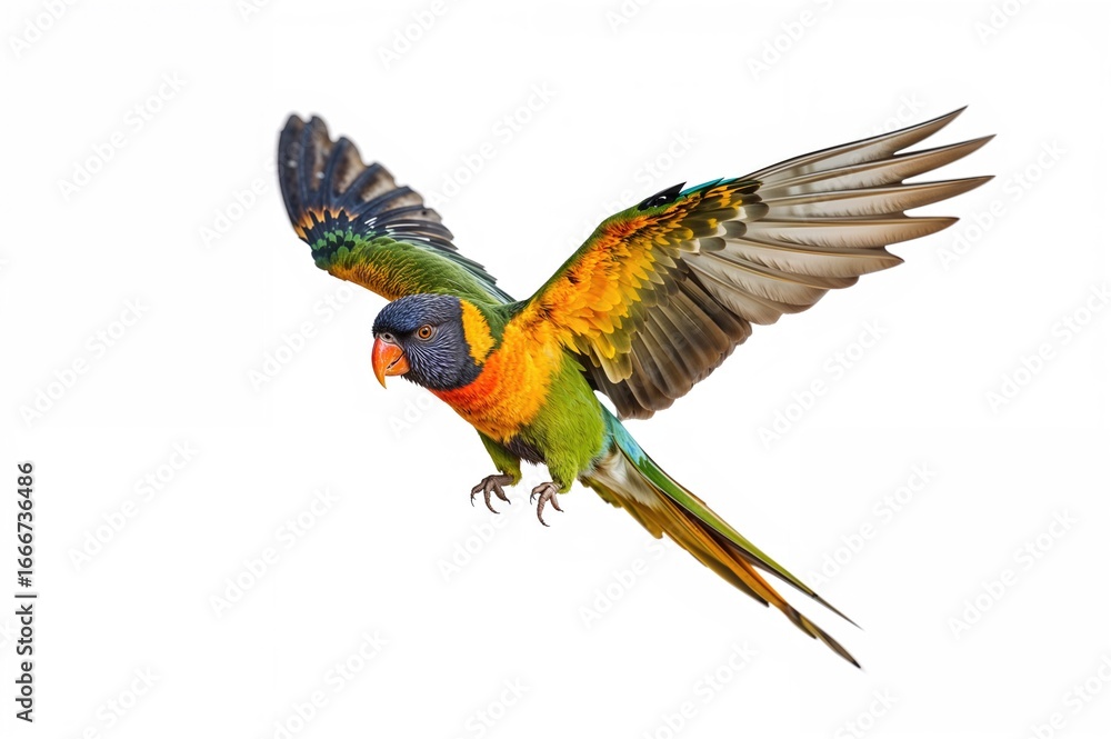Fototapeta premium Vibrant parrot soaring against a plain white backdrop with cutout effect