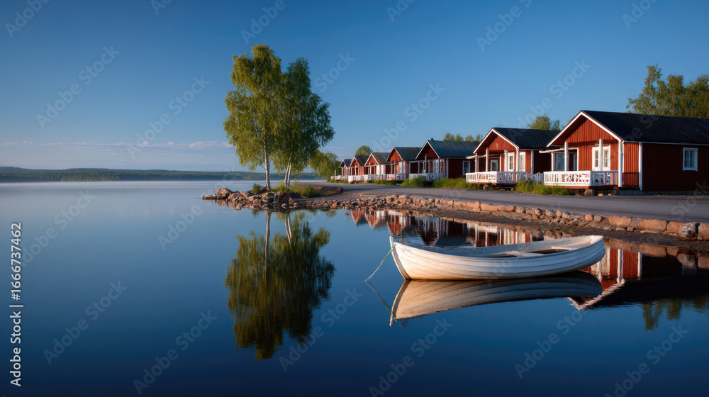 Obraz premium A traditional Finnish lakeside village with small wooden houses painted in the iconic deep red color, their white-framed windows glowing softly in the northern daylight