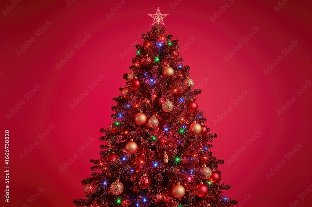 Fototapeta premium Christmas tree adorned in vibrant red hues and multicolored LED lights