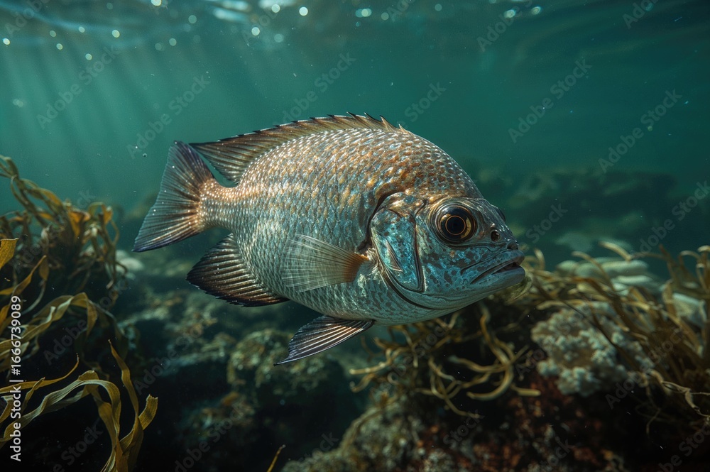 Naklejka premium Detailed view of a fish swimming in its natural aquatic habitat