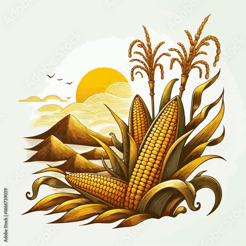 vector illustration of corn in a rice field