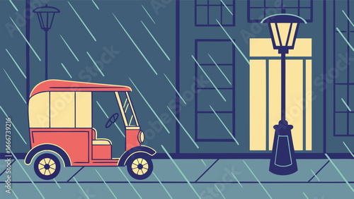 Auto rickshaw parked on street during heavy rain at night