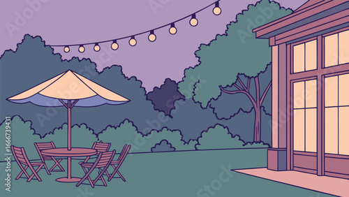 Backyard patio with umbrella table and string lights at dusk