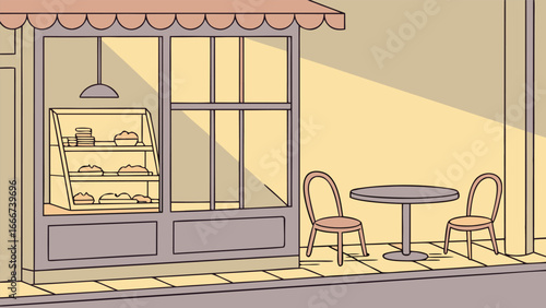 Bakery storefront with display case and outdoor seating