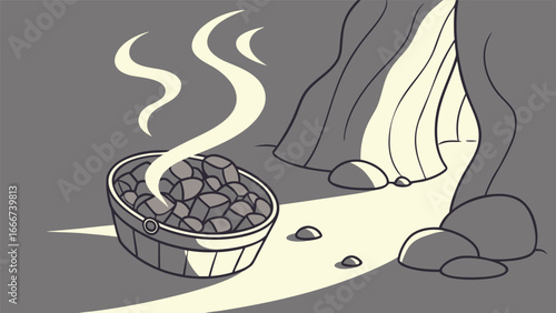 Basket of glowing coals in a cave entrance embers fire