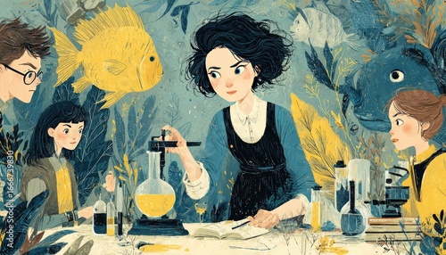 A whimsical illustration of a teacher guiding students through a science experiment.