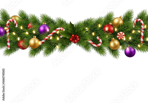 Festive christmas garland isolated on transparent background, adorned with ornaments, candy canes, and lights for a joyful holiday decoration