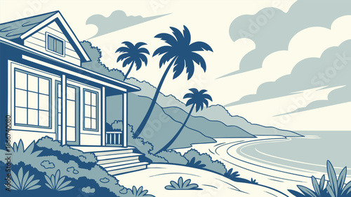 Beach house with palm trees and coastal road view seaside