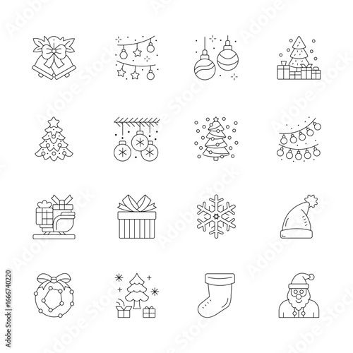 Christmas Editable Icon Set. Vector Illustrations for Holiday Celebration, Winter Festival, Xmas Decorations, Santa Claus, Gifts, Tree, Snow, Family, Festive Season, and New Year