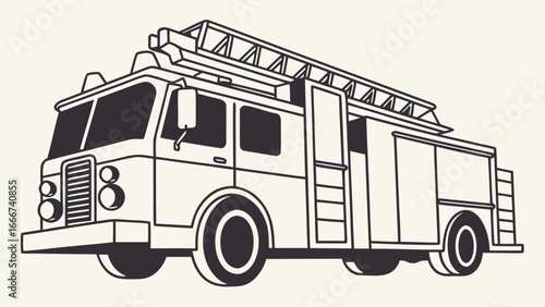 Black and white outline drawing of a fire truck fire engine