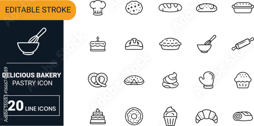 Delicious bakery and pastry vector icon set collection with bread, cake, croissant, sweet dessert and baked goods