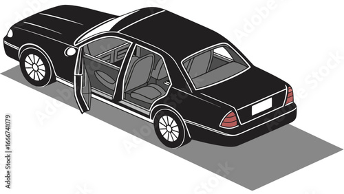 Black sedan car with open doors automobile vehicle