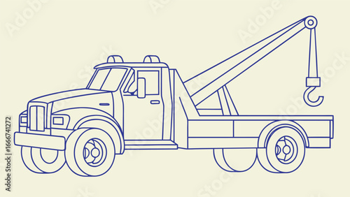 Blue line drawing of a tow truck on a light beige background