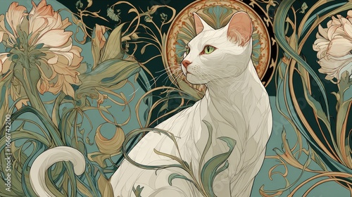 White cat amidst ornate floral art nouveau design