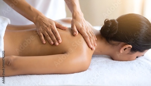 Professional massage therapist performing a relaxing back massage on a woman lying down in a serene spa setting