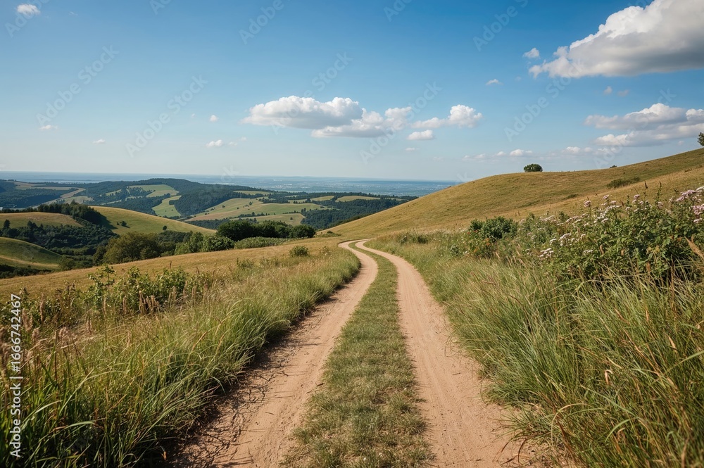 Fototapeta premium Unpaved trail winding through hilly terrain near urban areas