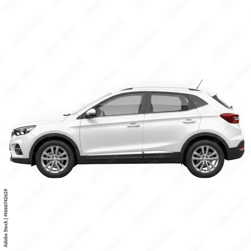 Naklejka premium Clean white compact suv presented in a side profile against a dark backdrop transparent background