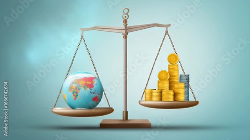 Wallpaper Mural A balance scale with a globe on one side and a pile of coins on the other. infographic showing balance scale with emerging market flag and coin stack,emerging market debt clean style Torontodigital.ca