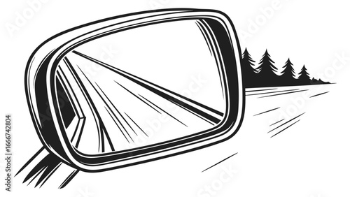 Car side mirror reflecting a road and trees reflection