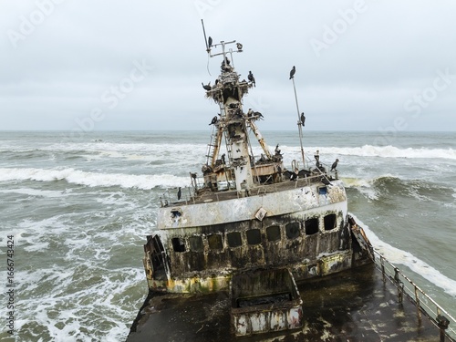 White-breasted Cormorant (Phalacrocorax lucidos). Nesting on the Zeila shipwreck at the Skeleton Coast. Aerial view. Drone shot. Dorob National Park, Namibia