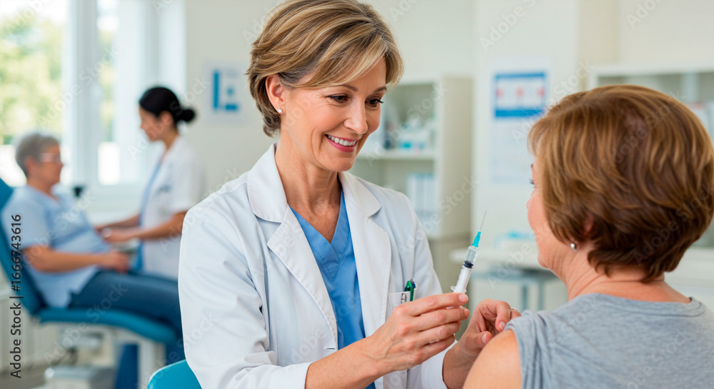 Fototapeta premium Smiling Doctor Giving Vaccination to Elderly Patient in Hospital