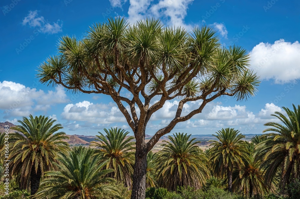 Obraz premium Dracaena draco and palm species growing together in a subtropical environment