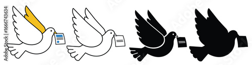Flying dove carrying envelope vector illustration set