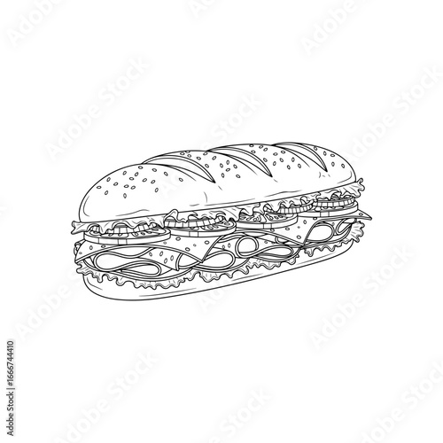 Detailed hand-drawn sketch of a delicious sub sandwich, overflowing with fresh ingredients, including layered deli meat, cheese, and crisp vegetables on a long hoagie roll. Ideal for a menu, deli, or 