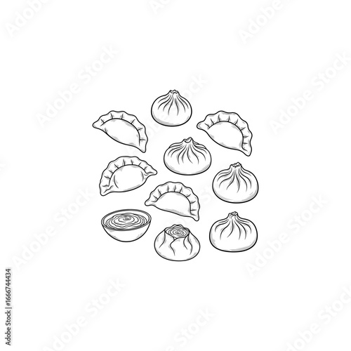 Hand-drawn sketch of a variety of steamed dumplings and fluffy bao buns, served with a small dipping sauce bowl. This detailed illustration is perfect for Asian cuisine menus, dim sum themes, and food