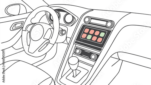 Close-up of car interior dashboard and steering wheel