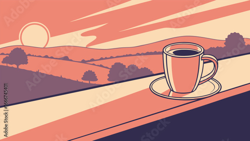 Coffee cup on a saucer with a sunrise landscape drink