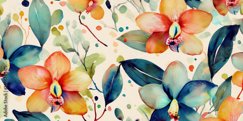 Fototapeta Naklejka Na Ścianę i Meble -  Watercolor art painting A vibrant seamless floral pattern with colorful flowers and leaves for background or decoration delicate wallpaper design.