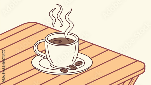 Coffee Cup with Beans on Wooden Table with Abstract Background