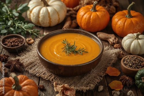 Fototapeta Naklejka Na Ścianę i Meble -  Tasty spiced pumpkin soup with ingredients on a rustic wooden surface