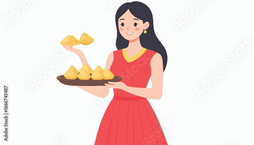 A woman in a red dress holds a tray of golden pastries, smiling and offering them.